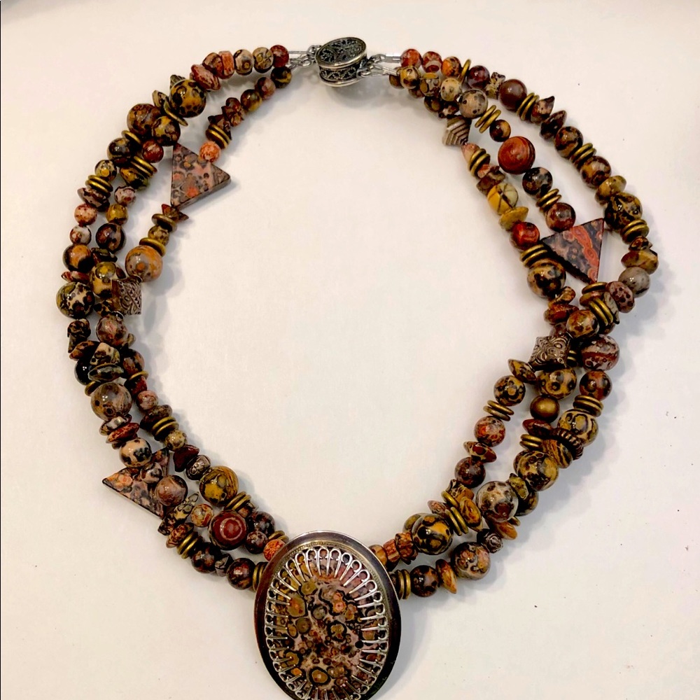 Handmade Leopardskin Jasper choker with sterling pendant.